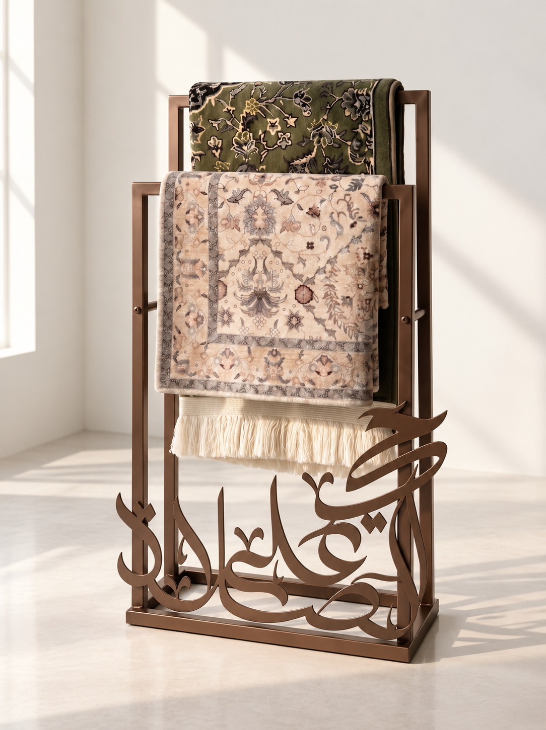 Bronze Prayer Rug Stand in Sunlit Studio